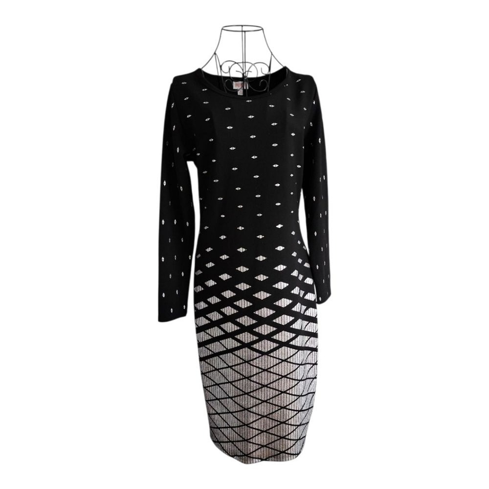 LuLaRoe Julia Dress Womens M Black White Geometric Bodycon Stretch Sheath Knit